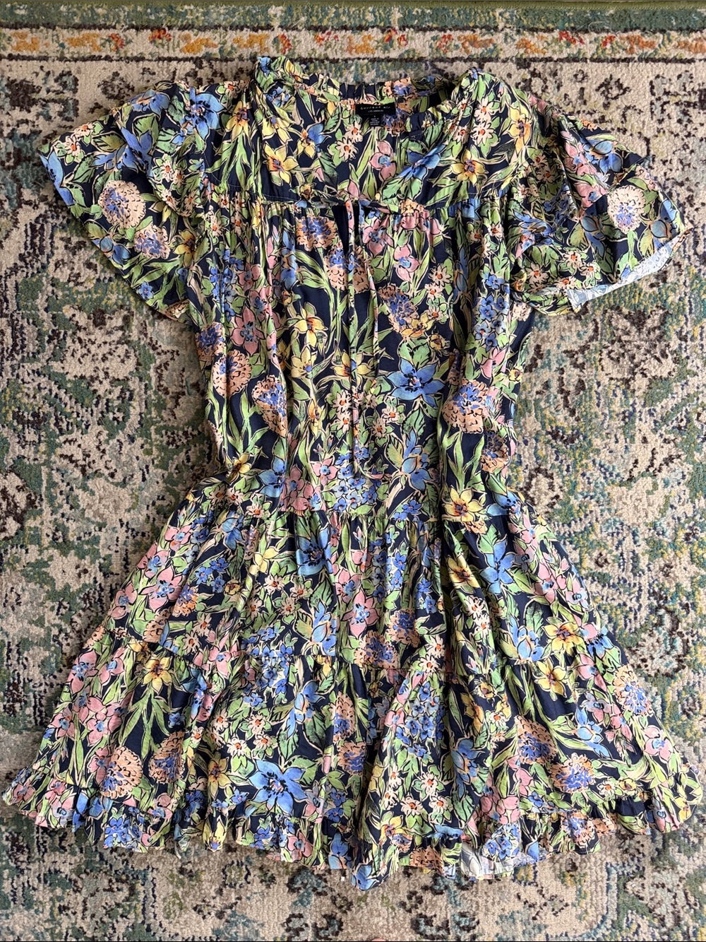Floral Short Sleeve Ruffled Mini Dress - Navy Background with Pastel Blooms